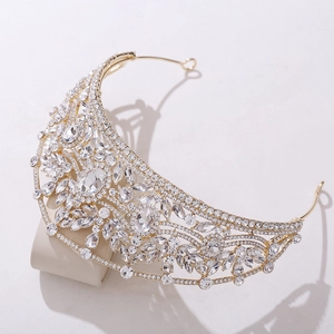 Couronne de mariée luxueuse avec strass clairs sur base dorée pour mariages
