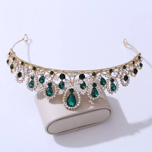 Sparkling gold bridal tiara with green pear-shaped crystals and rhinestones crown