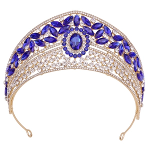 Elegant bridal crown with gold metal base, clear rhinestones, and navy blue gems