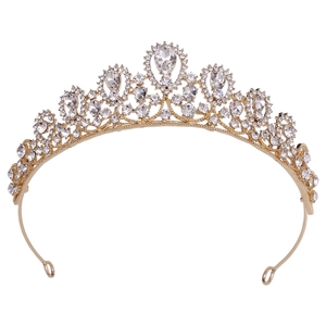 Elegant gold bridal tiara with sparkling rhinestones and teardrop crystal centerpiece