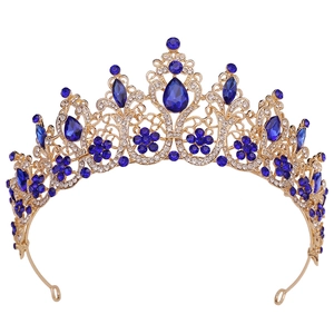 Baroque bridal crown with blue teardrop crystals and white rhinestones on gold base