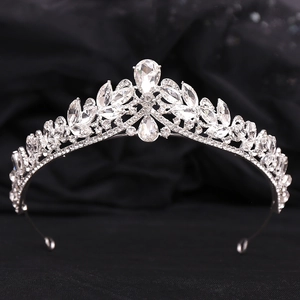 Detail of luxury bridal crown featuring marquise and pear shaped silver crystals