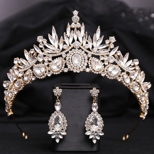 Baroque gold bridal jewelry set with red crystal leaf crown and matching drop earrings
