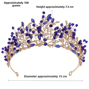 Detailed specs of bridal crown showing 7.3cm height and 108g weight with blue crystals