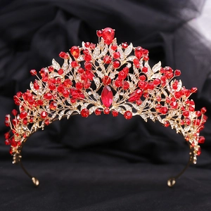 Couronne de mariée en alliage doré avec cristaux rouge rubis et motifs de feuilles de vigne