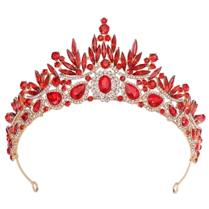 Baroque bridal crown with red crystals and leaf design on a gold metal frame