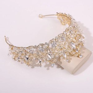Elegant gold baroque bridal crown with leaf beads and sparkling crystal embellishments