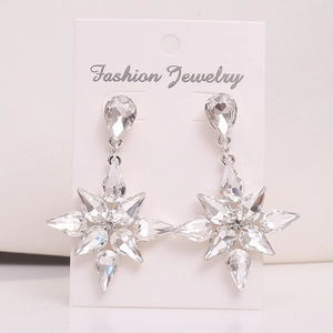 Elegant snowflake drop earrings with clear faceted crystals and silver alloy finish