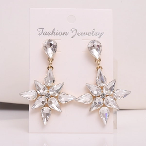 Detailed close-up of sparkling snowflake crystal drop earrings on jewelry card