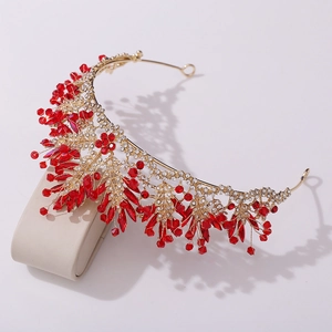 Diadème de mariée de luxe avec cristaux rouges et feuilles dorées pour la coiffure