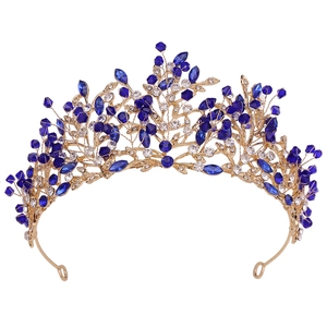 European bridal crown with gold leaves, blue crystals and sparkling rhinestones