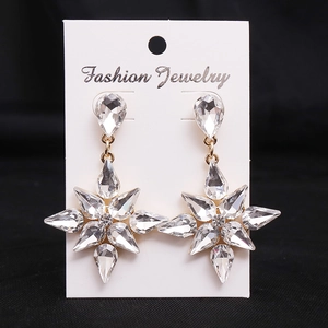 Macro shot of silver snowflake earrings with white crystals on a jewelry display card