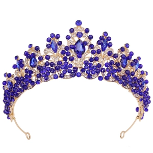 Baroque gold crown featuring deep blue crystals and rhinestones for bridal weddings