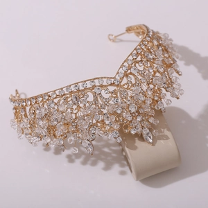 Exquisite bridal tiara with golden alloy beads and sparkling teardrop crystals
