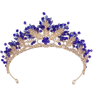 Couronne de mariée exquise avec strass bleus et motif de feuilles en alliage d'or