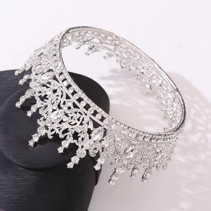 Detailed view of Baroque silver bridal crown featuring intricate crystal and zircon paving