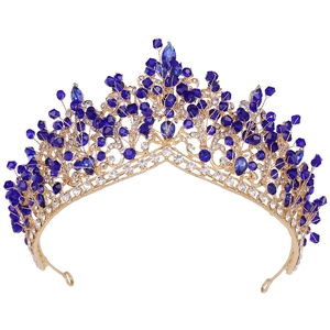 Exquisite handmade gold alloy bridal crown with blue crystals and sparkling clear rhinestones