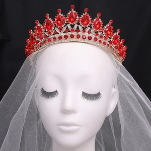 Elegant gold bridal crown with red crystal leaves and rhinestones for wedding occasions