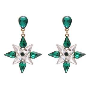 Elegant gold alloy starburst earrings with green and clear crystal teardrop charms