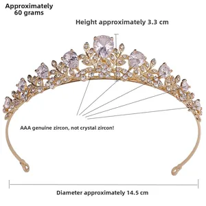 Detailed macro view showing the 14.5cm diameter and AAA zircon inlay on the golden bridal crown