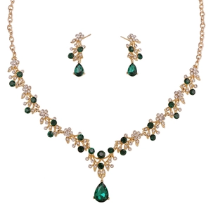 Vintage gold-tone V-shape necklace and drop earrings set with emerald green crystals
