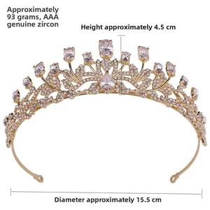 Detail view showing a gold bridal crown with AAA cubic zirconia and leaf patterns
