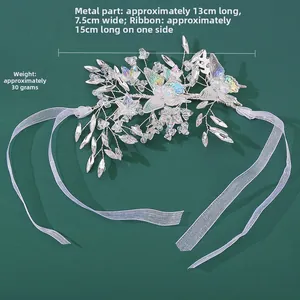 Detail view of handmade crystal butterfly bridal headpiece with dimensions and ribbons