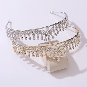 Exquisite AAA zircon bridal crown headband in silver and gold with tassel drops