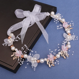 Forest Style Flower Artificial Pearl Bridal Headband Elegant Fairy Wreath Headpiece With Organza Ribbon For Wedding Party Women Kids Jewelry