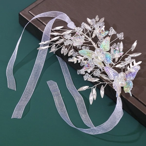 Bridal Crystal Butterfly Hairband Silver Wire Handmade Iridescent Wedding Hair Accessory Headband With Organza Ribbon For Women