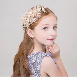 Elegant floral girls headband with pink mesh flowers, pearls and rhinestones for weddings