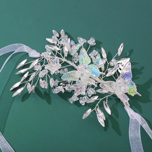 Handmade butterfly bridal headband with iridescent crystals and white organza ribbons