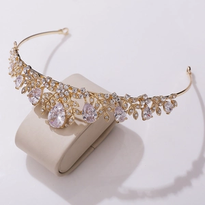 Golden bridal leaf crown tiara with AAA cubic zirconia rhinestones for wedding accessory