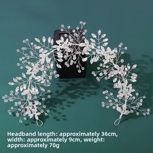 Dettaglio fascia da sposa argento con perle di cristallo e design foglia 36x9cm