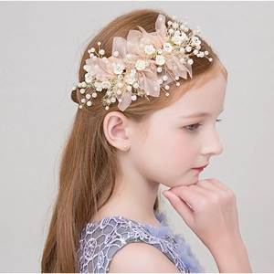 Elegant floral girls headband with white flowers and pearls for wedding parties