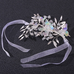 Detail of handcrafted bridal headband with crystal butterflies and lavender ribbons