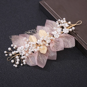 Handmade Kids Flower Headband Pink Mesh White Artificial Pearl Gold Alloy Leaf Rhinestone Hair Vine For Wedding Party Performance Girl