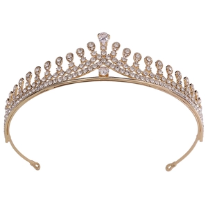Elegant gold bridal crown with AAA cubic zirconia and teardrop crystal on white background