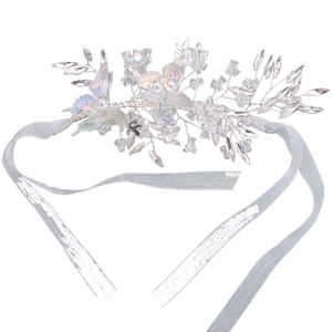 Handmade bridal headband with crystal butterflies and translucent ribbons for weddings