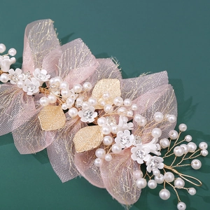 Pink tulle flower hair comb with golden leaves and pearls for girls' floral hair styling