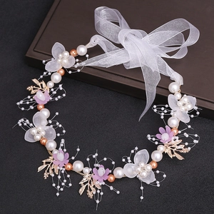 Elegant floral princess headband with lavender silk flowers and white organza ribbon bow