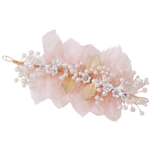 Elegant pink mesh flower headband with gold leaves, pearls and crystals for girls