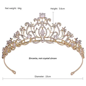 Detail showing bridal tiara dimensions: 15cm diameter, 5.6cm height, and 64g weight