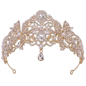 Couronne de mariée baroque dorée avec perles blanches et strass brillants pour mariages