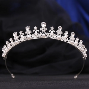 Elegant silver tiara with rhinestones and white pearls for girls and weddings
