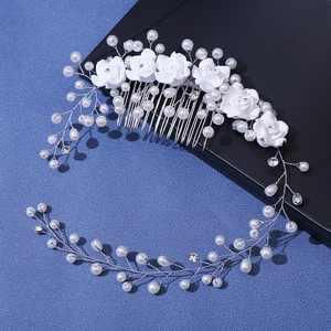 Handmade Bridal Hair Comb Vine Set With Simulation Rose Flower Artificial Pearl Rhinestone Silver Wire Hairband For Wedding Party