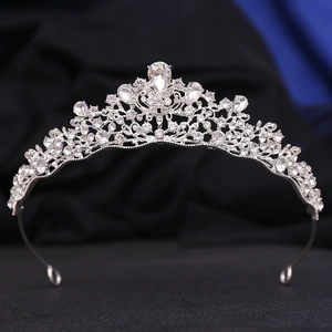Baroque silver bridal tiara with sparkling crystal rhinestones and waterdrop center stone