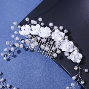 Elegant Korean style bridal hair comb with white handmade flowers and pearls decorations