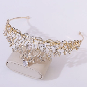 Detail of a golden lotus bridal tiara with sparkling AAA zircon and marquise crystals