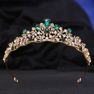 Baroque emerald crystal bridal crown with gold plating and white rhinestones for wedding